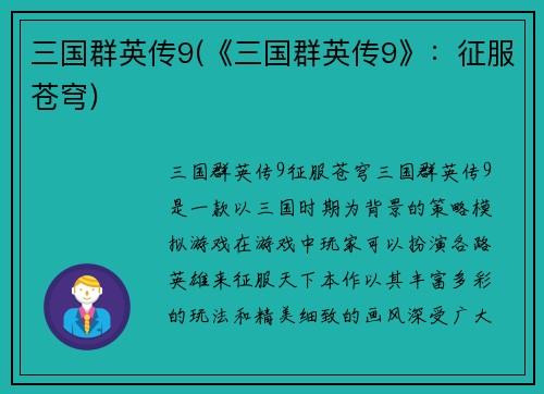 三国群英传9(《三国群英传9》：征服苍穹)